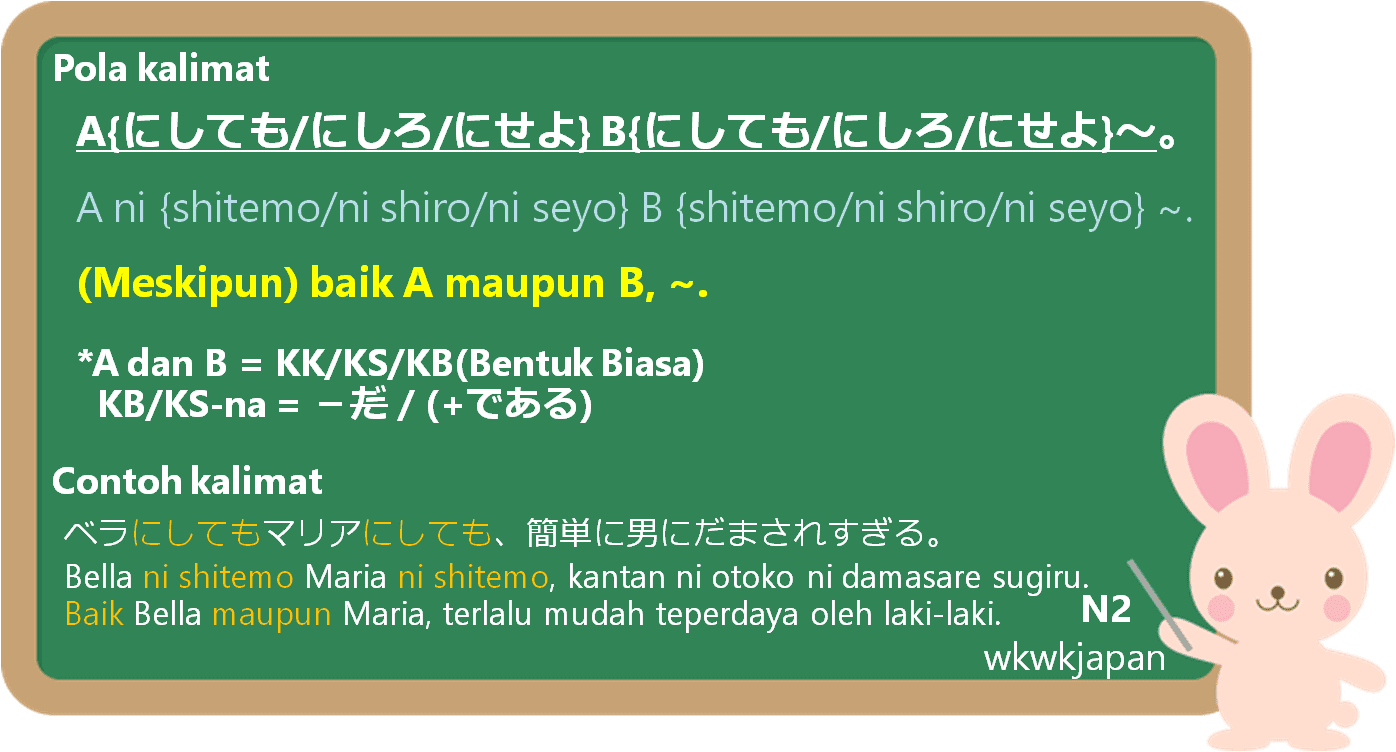にしても～にしても, (ni shitemo) にしろ～にしろ(ni shiro), dan にせよ～にせよ(ni seyo) dalam ...